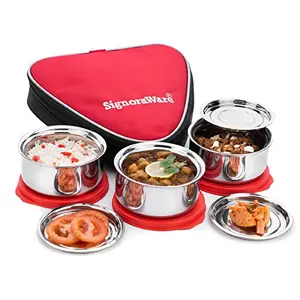 Signoraware Sleek Double Wall/Twin Wall (with 0.5mm thickness) Both Steel Layers Steel Lunch Box Set of 3 260 Ml+ 260 Ml+ 260 Ml 3 Steel Cover Plates Red