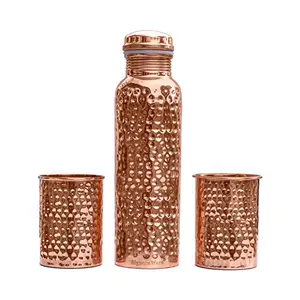 Signoraware Copper Bottle with 2 Glasses (900 Ml Bottle + 2 Glass 275 Ml Set of 3 (Hammered)