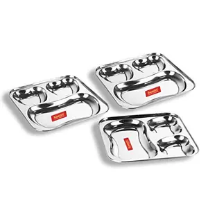 Sumeet Stainless Steel 3 in 1 Pav Bhaji Plate/Compartment Plate 21.5cm Dia - Set of 3pc
