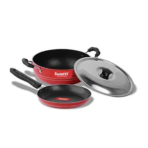 Sumeet Aluminium Cookware Set With Lid 1.5L 1 Kadhai With Lid 1 Tapper Pan (Red)