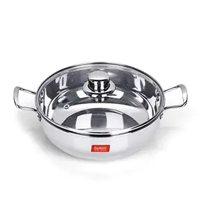 Sumeet Stainless Steel Kadhai with Glass Lid (Silver 3.8 L)