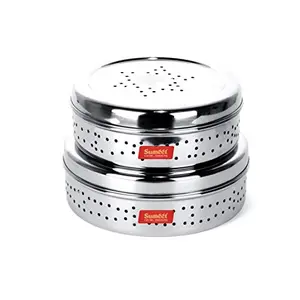 Sumeet Stainless Steel Hole Puri Dabbas/Flat Canisters with Air Ventilation Set of 2 Size No. 10-17cm Dia No. 11-18.5cm Dia