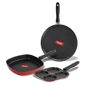 SUMEET 2.6mm Thick Non-Stick Red Aluminium Redson Combo Set (Dosa Tawa 26.5cm Dia and Multi Snack Maker 26.5cm Dia and Grill Pan 1.1Ltr Capacity 22cm Dia)