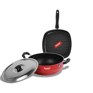 Sumeet 2.6mm Thick Non-Stick Scarlet Cookware Set (Kadhai with Lid  1.5Ltr Capacity- 20cm Dia + Grill Pan  1.1Ltr Capacity  22cm Dia)
