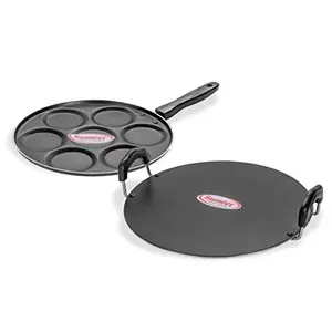 Sumeet Nonstick Insta Saral Tawa 30.5cm Dia with Multi Snack Maker 7 Pieces Combo Set Silver