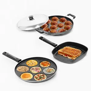 Sumeet Nonstick Essential Combo Set (Multi Snack Maker - 7 Pcs + Grill Pan - 22cm + Grill Appam Patra - 12 Pcs)
