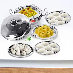 Sumeet Stainless Steel Induction Encapsulated Bottom gass Stove Friendly Multi Utility Kadhai Set with Lid and 5 Plates (Steel)