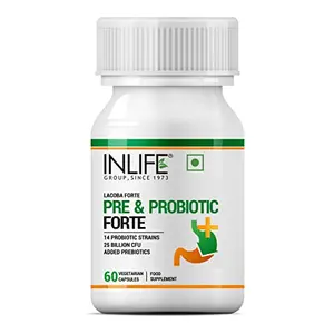 INLIFE Prebiotic and Probiotics Forte Supplement for Men & Women 25 billion CFU with 14 Strains with Prebiotic Digestion Gut & Immunity Health Supplement - 60 Vegetarian Capsules