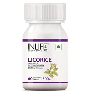 INLIFE Licorice Root Extract (Yastimadhu) Standardized to 20% Glycyrrhizinic Acid Supplement 500 mg - 60 Vegetarian Capsules (Pack of 1)