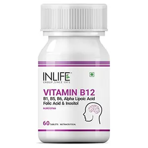INLIFE Vitamin B12 with B1 B5 B6 Alpha Lipoic Acid ALA Folic Acid Inositol Supplements - 60 Tablets (Pack of 1)