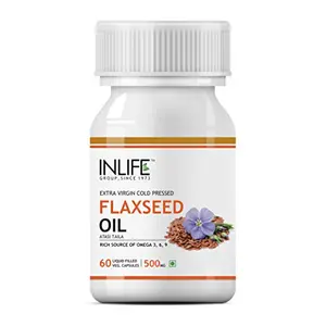 INLIFE Flaxseed Oil Veg Omega 3 6 9 Supplement Extra Virgin Cold Pressed 500 mg - 60 Vegetarian Capsules (Pack of 1)