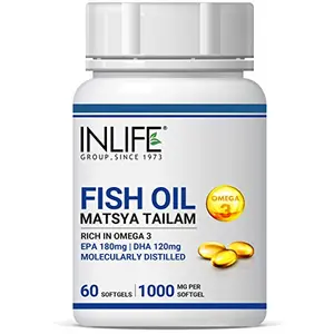 INLIFE Fish Oil Omega 3 Capsules 180mg EPA 120mg DHA Molecularly Distilled Supplements for Men Women 1000mg - 60 Softgels (Pack of 1)
