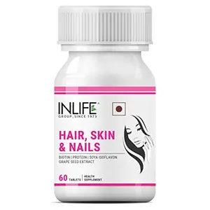 INLIFE Biotin Supplement for Hair Growth Hair Skin Nails Vitamins for Women Men with Protein Hydrolysate Soya Isoflavone & Grape Seed Extract Supports Hair Fall & Healthier Skin - 60 Tablets