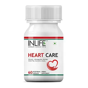 INLIFE Heart Care Supplement ArjunaMoringaAshwagandhaGreen TeaCurcumin - 60 Vegetarian Capsules (Pack of 1)