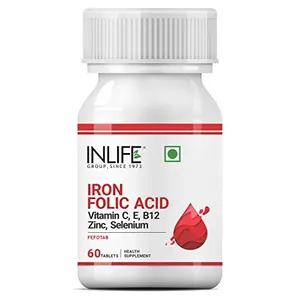 INLIFE Chelated Iron Folic Acid Supplement with Vitamin C E B12 Zinc & Selenium for Men Women - 60 Tablets