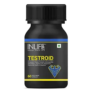 INLIFE Testroid Testosterone Supplement for Men with Zinc Monomethionine Magnesium Aspartate Tribulus Terrestris Ashwagandha Safed Musli Fenugreek - 60 Vegetarian Capsules (Pack of 1)
