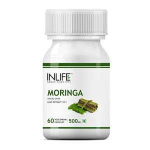 INLIFE Moringa Leaf Extract (10:1) Powder Supplement Water Distillation Extraction High Potency Weight Management Powerful Antioxidant Quick Absorption than Tablet 500mg - 60 Veg Capsules