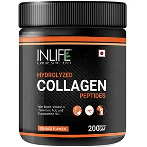 Hydrolyzed Collagen Peptides Powder Supplements Type 1 and 3 Biotin Vitamin C Hyaluronic Acid Glucosamine Skin Health for Men & Women - 200g (Orange Flavour)