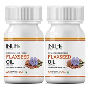 INLIFE Flaxseed Oil Veg Omega 3 6 9 Supplement Extra Virgin Cold Pressed 500 mg - 60 Vegetarian Capsules (Pack of 2)