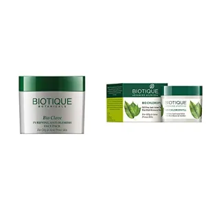 Biotique Bio Clove Purifying Anti Blemish Face Pack 75g And Biotique Bio Chlorophyll Oil Free Anti-Acne Gel & Post Hair Removal Soother For Oily & Acne Prone Skin 50G