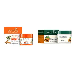 Biotique Bio Sandalwood Face & Body Sun Cream Spf 50 Uva/Uvb Sunscreen For All Skin Types In The Sun Very Water Resistant 50gm And Biotique Bio Papaya Revitalizing Tan Removal Scrub 75g