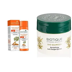 Biotique Bio Sandalwood 50+ SPF UVA/UVB Sunscreen Ultra Soothing Face Lotion 120 ml And Biotique Bio Seaweed Revitalizing Anti Fatigue Eye Gel 15g
