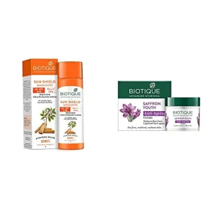 Biotique Bio Sandalwood 50+ SPF UVA/UVB Sunscreen Ultra Soothing Face Lotion 120 ml And Biotique Bio Saffron Dew Youthful Nourishing Day Cream For All Skin Types 50G