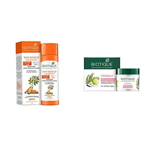 Biotique Bio Sandalwood 50+ SPF UVA/UVB Sunscreen Ultra Soothing Face Lotion 120 ml And Biotique Bio Coconut Whitening And Brightening Cream 50g