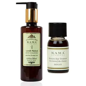 Kama Ayurveda Lavender Patchouli Body Cleanser with Pure Essential Oils of Lavender and Patchouli 200ml Bringadi Intensive Hair Treatment 8ml Combo