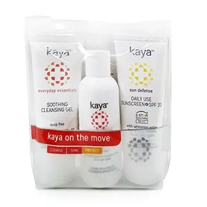 Kaya On The Move Kit | 3 Step Routine | Travel Friendly Kit | Contains Cleansing Gel + Alcohol Free Toner + Sunscreen SPF30 | 75ml