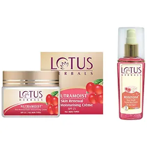 Lotus Herbals Nutramoist Skin Renewal Daily Moisturising Creme SPF 25 50g And Rosetone Rose Petals Facial Skin Toner 100ml