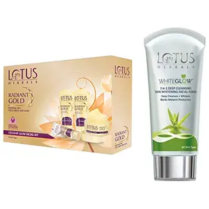 Lotus Herbals Radiant Gold Cellular Glow Facial Kit 170g And Whiteglow 3-In-1 Deep Cleansing Skin Whitening Facial Foam 100g