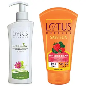 Lotus Herbals White Glow Skin Whitening and Brightening SPF-25 Hand and Body Lotion 300ml And Safe Sun Block Cream SPF 20 50g