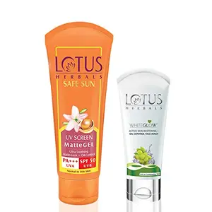Lotus Herbals Safe Sun Uv Screen Mattegel | Pa+++ | Spf-50 | 100g | And Whiteglow Active Skin and Oil Control Facewash | 50g