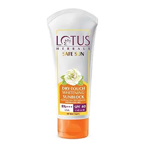 Lotus Herbals Safe Sun Dry-Touch Whitening Sunblock | Matte Texture | SPF 40 | PA+++ | Preservative Free | 100g