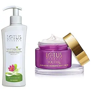 Lotus Herbals White Glow Skin Whitening and Brightening SPF-25 Hand and Body Lotion 300ml And YouthRx Anti-Ageing Nourishing Night Creme 50g