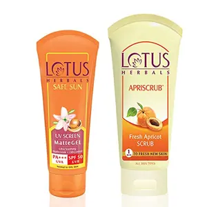 Lotus Herbals Safe Sun UV Screen Matte Gel Pa+++ SPF-50 50g with ApriscrubÂ Fresh Apricot Scrub 60g