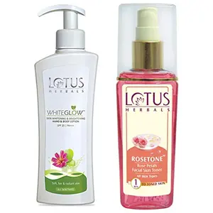 Lotus Herbals White Glow Skin Whitening and Brightening SPF-25 Hand and Body Lotion 300ml And Rosetone Rose Petals Facial Skin Toner 100ml
