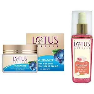 Lotus Herbals Herbal Nutranite Skin Renewal Nutritive Night Cream | 50g And Rosetone Rose Petals Facial Skin Toner 100ml