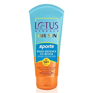 Lotus Herbals Safe Sun Sports Daily-Defence Sunblock | SPF 50 | PA+++ | Preservative Free | Anti-Pollution | 80g