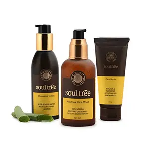SoulTree Cleansing Lotion (150ml) Nutgrass Face Wash (120ml) & Walnut - Turmeric Face Scrub (100gm) Combo Pack