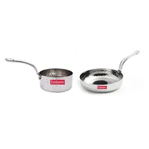 Embassy Stainless Steel Lilliput Hammered Sauce Pan and Fry Pan Size 1 Set of 2 (Sauce Pan - 375 ml 10.5 cms; Fry Pan - 250 ml 12.2 cms)