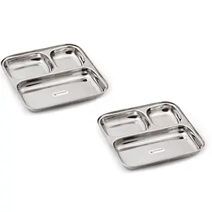 Coconut Stainless Steel Partition Plate - Set of 2 (Pav Bhaji Plate) - Small - 8 inches
