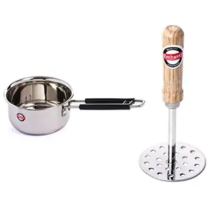 Sandwich Bottom Saucepan (Size 9) - 750 ml (Stainless Steel) + Stainless Steel Vegetable/Potato Masher with Wooden Handle Size 3 Pack of 1 8.5 cms Combo