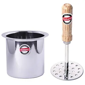 Stainless Steel Deep Tope/Kolga Size 8 (Small) 350 ml + Stainless Steel Vegetable/Potato Masher with Wooden Handle Size 3 Pack of 1 8.5 cms Combo