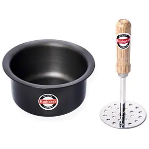 Hard Anodised Tope/Cook Pot 1 Litre (Size 10 16.5 cms) Gas Stovetop Compatible Black + Stainless Steel Vegetable/Potato Masher with Wooden Handle Size 3 Pack of 1 8.5 cms Combo