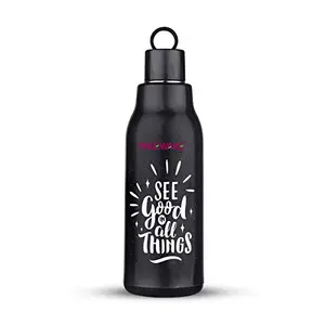 Trueware Atom 600 Insulated School Kids Printed Water Bottle with Inner Steel|Hot & Cold Bottle with Attractive Color & Quote|BPA Free|570 ml -Black Good