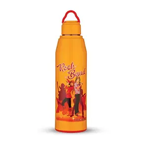 Trueware Zapp 800 Insulated School Kids Printed Water Bottle with Inner Steel|Hot & Cold Bottle with Attractive Color & Graphics|BPA Free|700 ml -Orange Rockband
