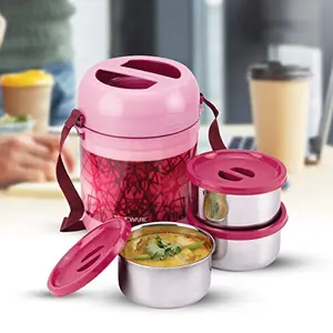Trueware Office 3 Lunch Box 3 Stainless Steel Containers Tiffin Insulated Lunch Box Outer Plastic Body BPA Free|300 ml x 3-Pink