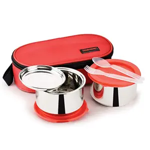 Trueware Bon Bon 2pcs Lunch Box with Stainless Steel Tiffin Box for Office & School Use- Red 300ml x2